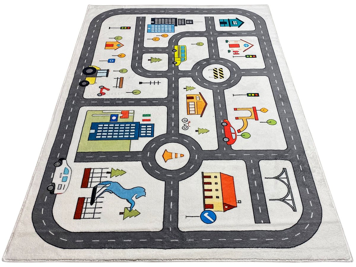Kinderteppich mit Straßenlayout und Kreisverkehr, grau gerahmt, farbige Motive, rechteckig.