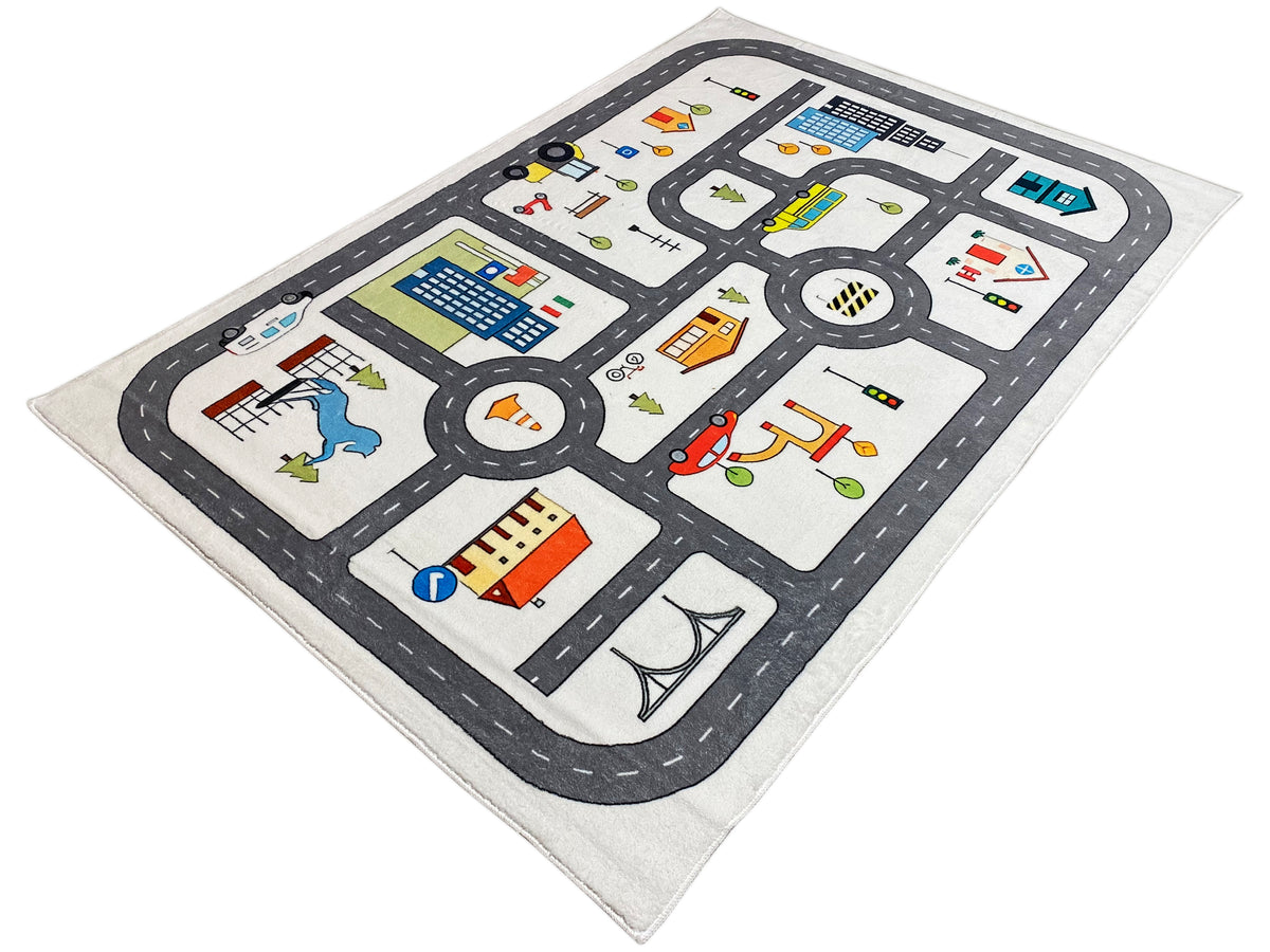 Kinderteppich mit Straßenkarte-Motiv und Fahrzeugen, grau eingefasst, bunt bedruckt, rechteckig.