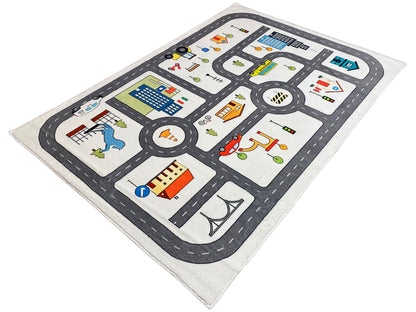 Kinderteppich mit Straßenkarte-Motiv und Fahrzeugen, grau eingefasst, bunt bedruckt, rechteckig.