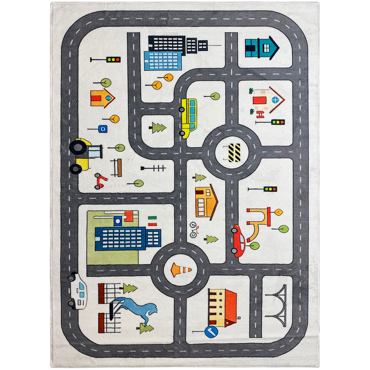 Kinderteppich mit Straßenlayout, Kreisverkehr und Verkehrsschildern, grau eingefasst, bunt.