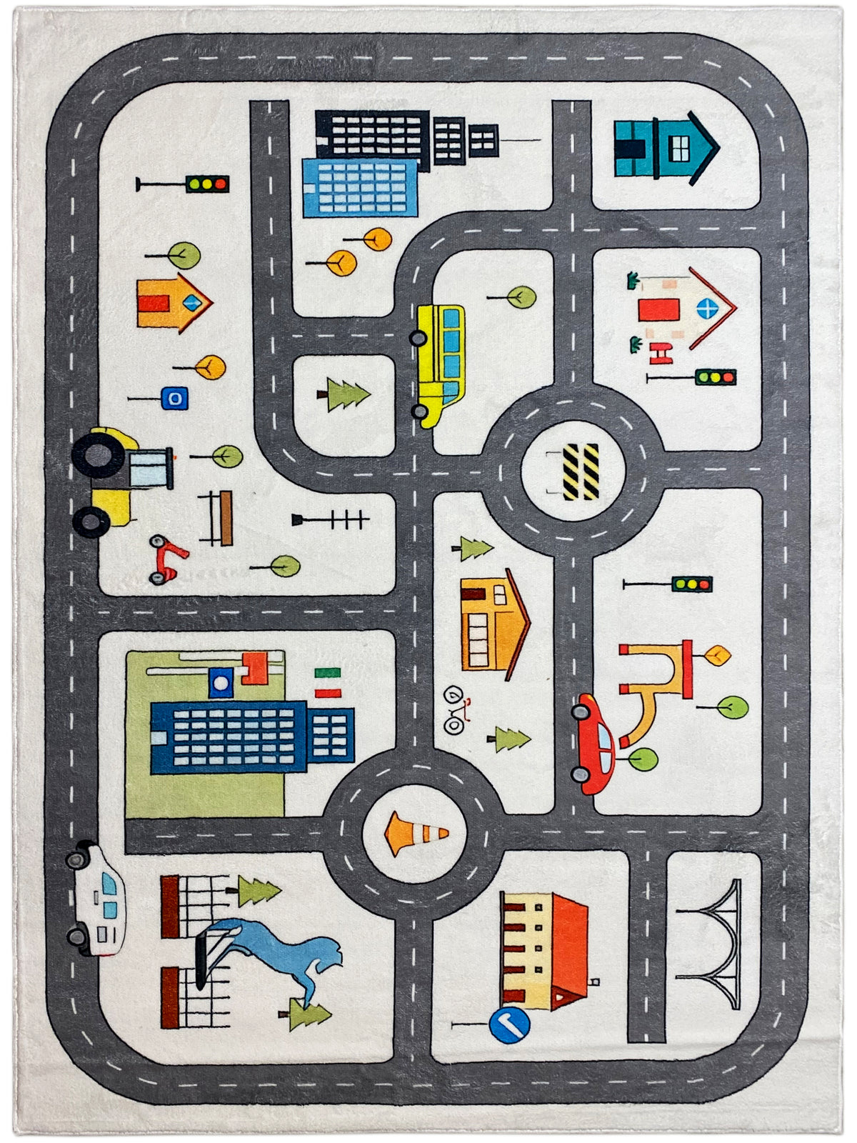 Kinderteppich mit Straßen- und Kreuzungs-Motiv, grau eingefasst, bunt bedruckt, rechteckig.