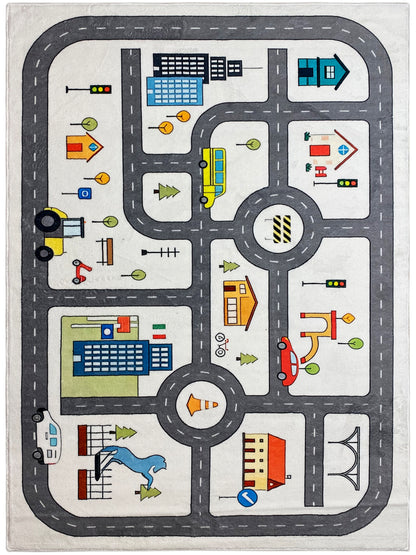 Kinderteppich mit Straßen- und Kreuzungs-Motiv, grau eingefasst, bunt bedruckt, rechteckig.