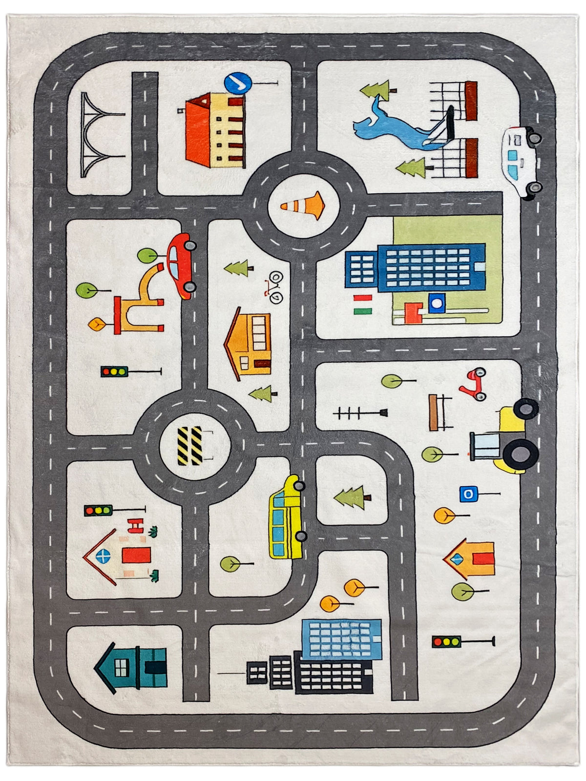 Kinderteppich mit Straßen- und Häusern-Motiv, grau mit bunten Elementen und Kreisverkehr.