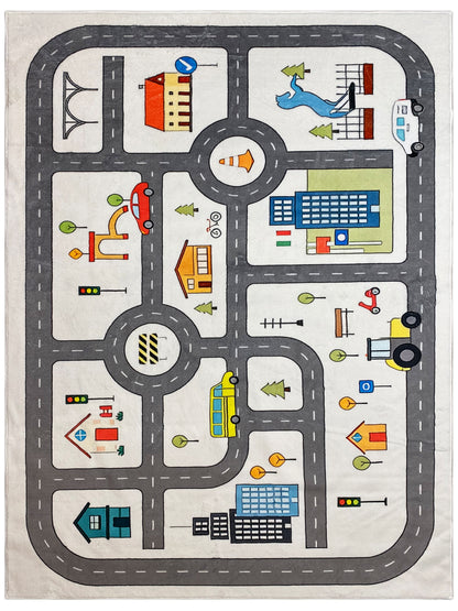 Kinderteppich mit Straßen- und Häusern-Motiv, grau mit bunten Elementen und Kreisverkehr.