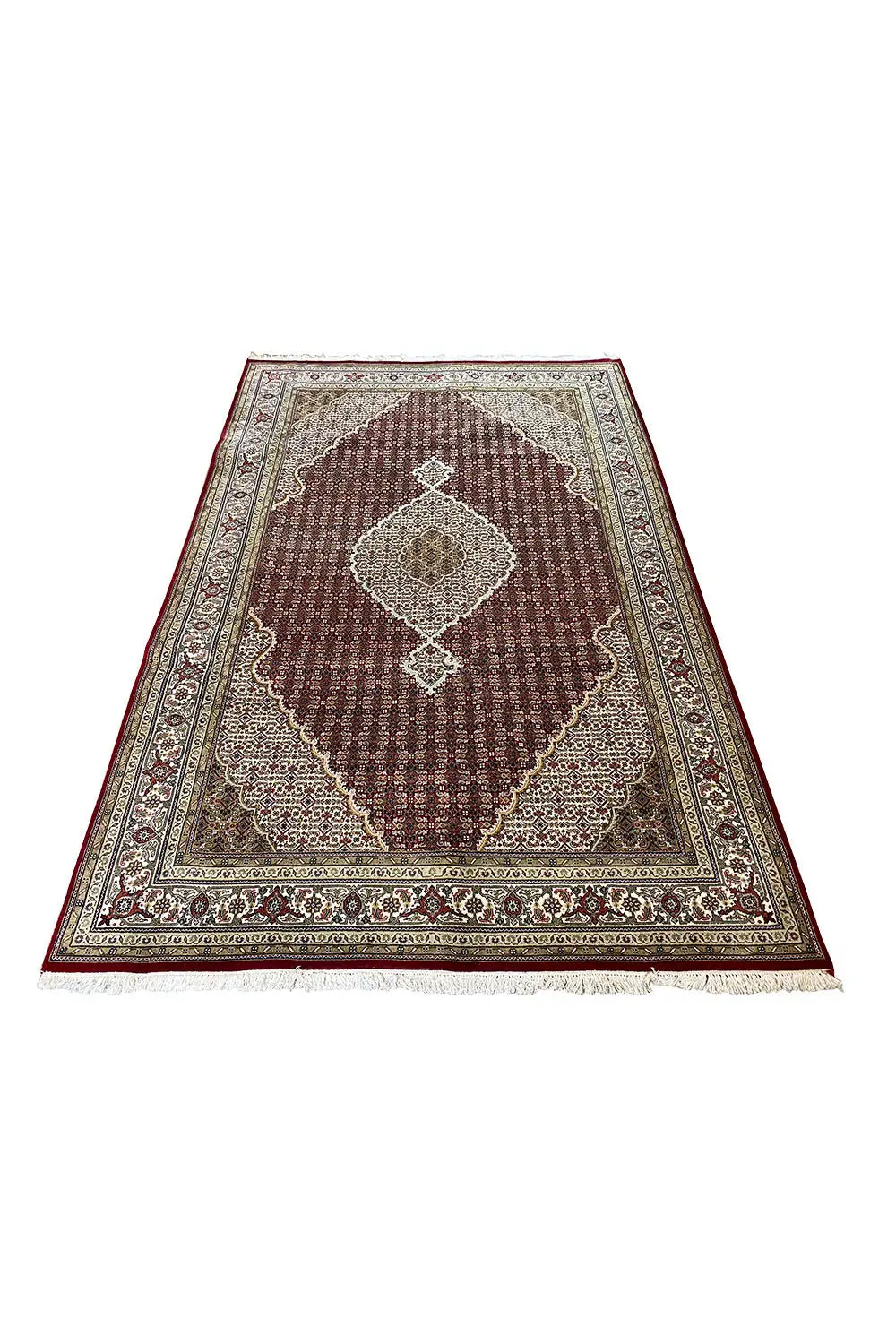 Rug with Tabriz pattern, beige ornamental field, brown center and border