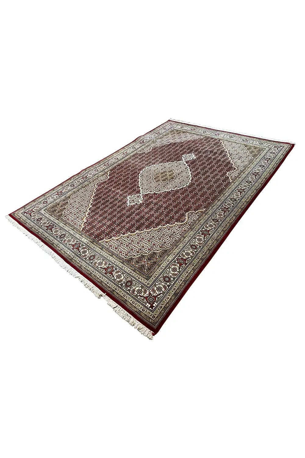 Rug with Tabriz pattern, brown field with beige cross medallion and red border