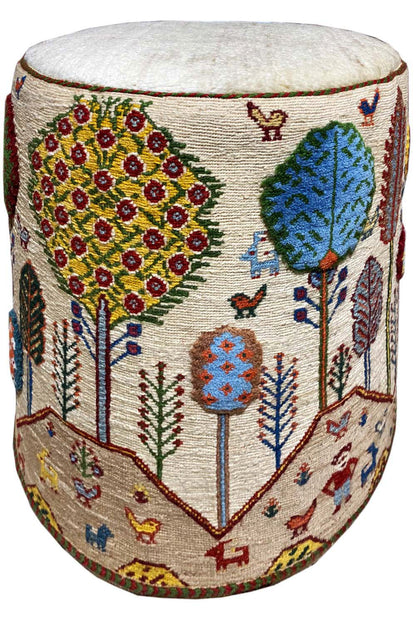 Round stool with a padded seat embroidered with floral, tree, and bird motifs