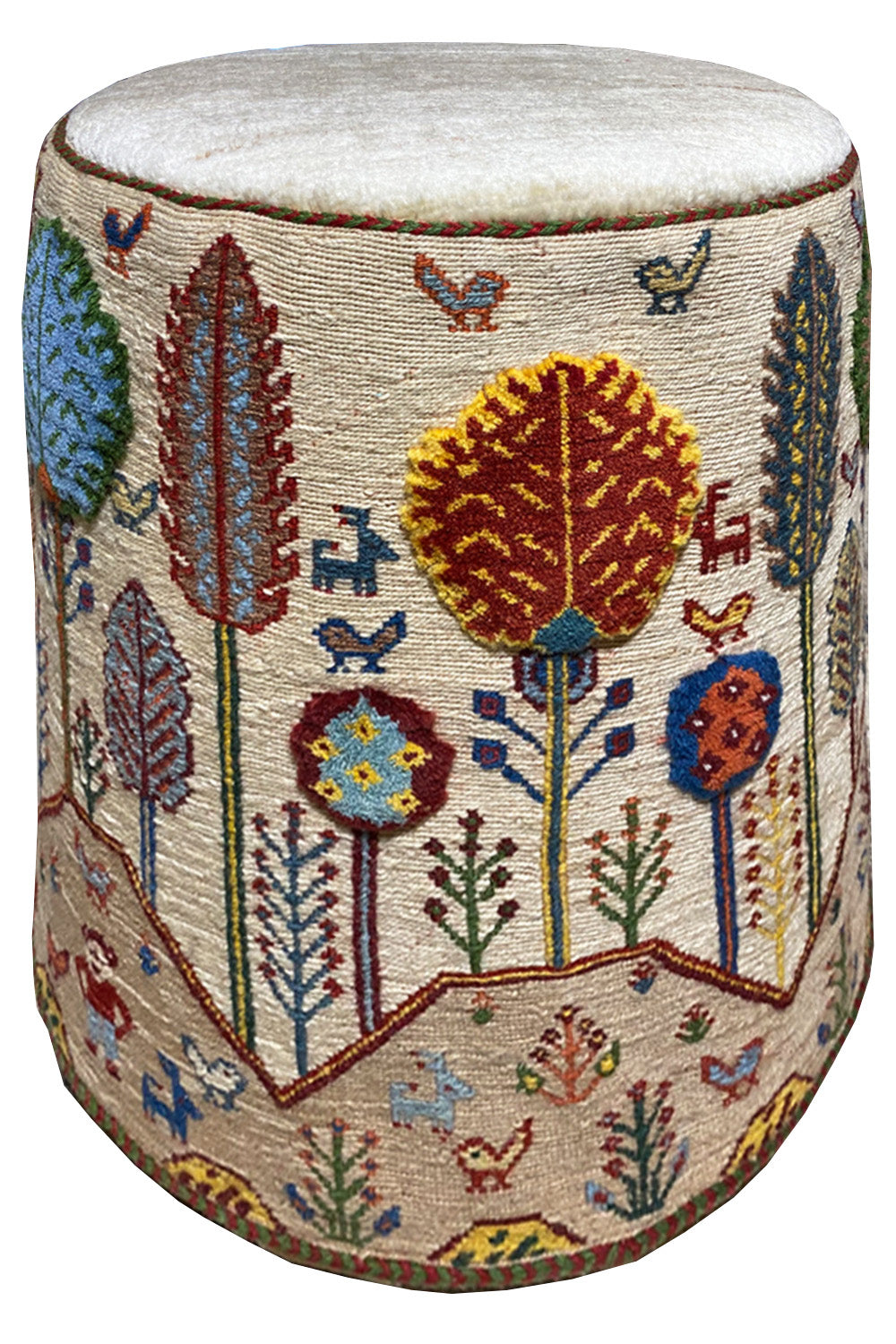 Round stool with a padded seat, embroidered with large flowers and trees