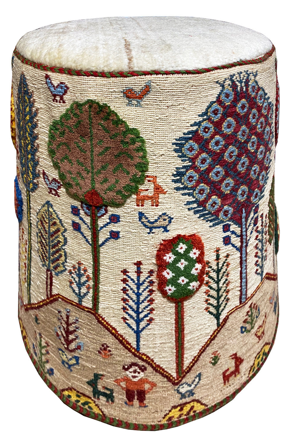 Round stool with a padded seat, embroidered with rows of trees and floral motifs