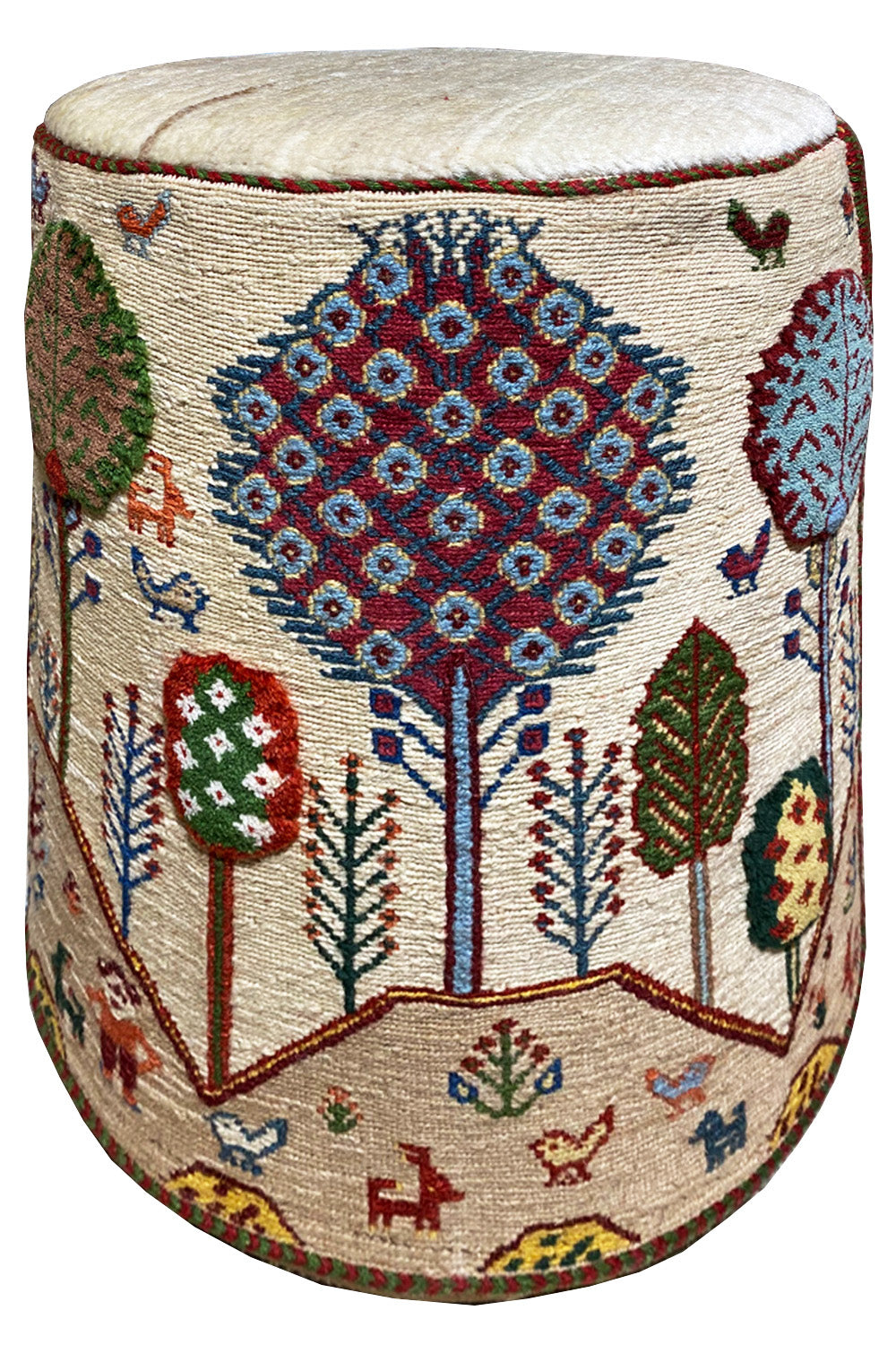Round stool with a padded seat, embroidered with a medium-sized tree and floral motifs