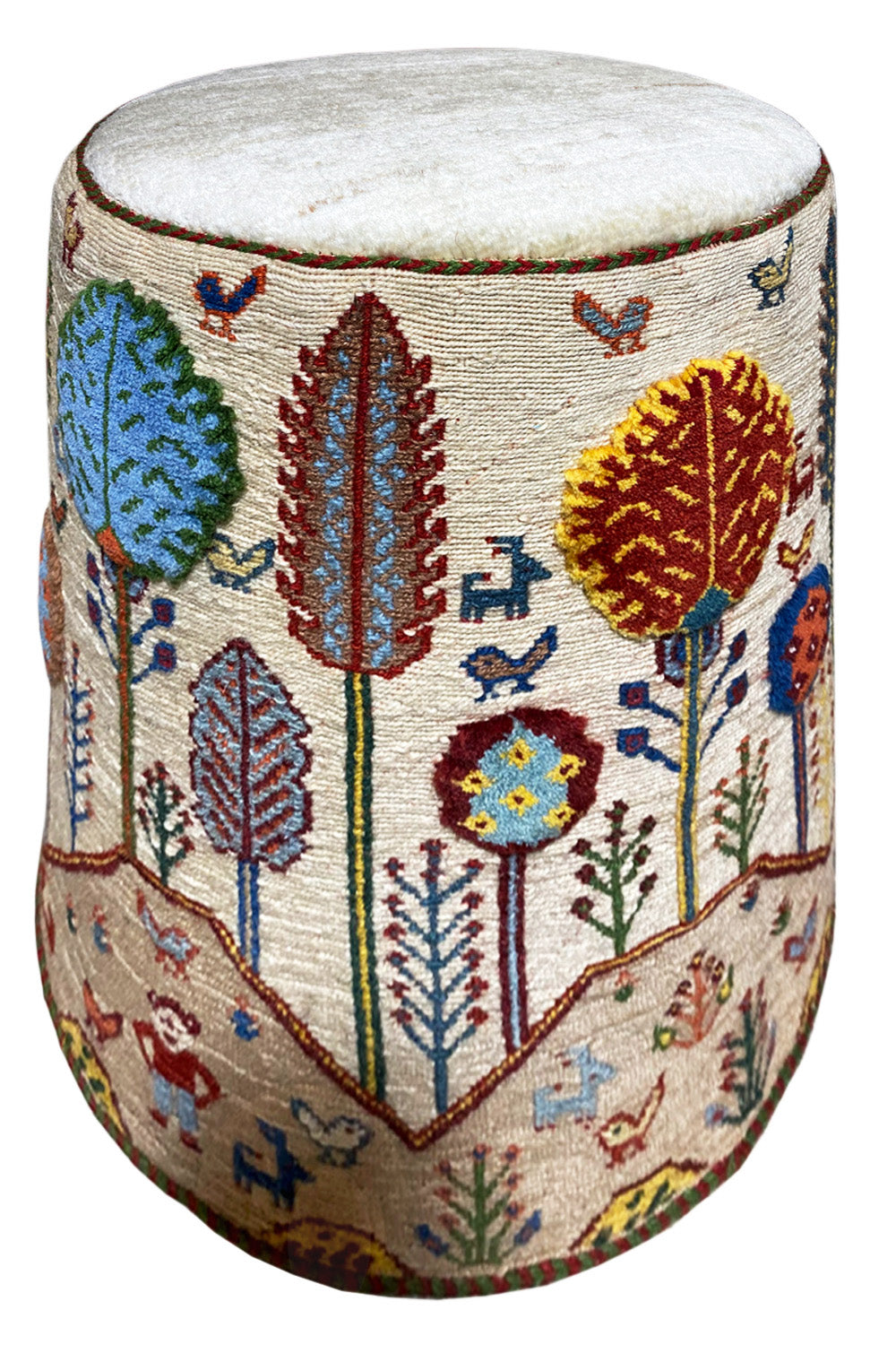 Round stool with a padded seat, embroidered with several trees and flowers