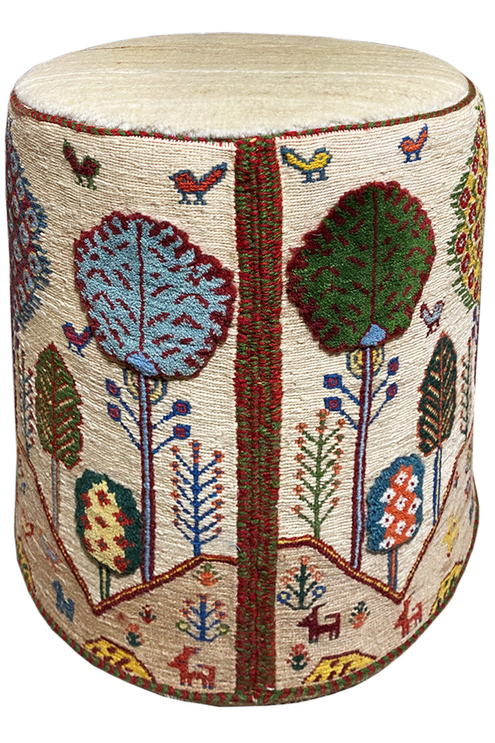 Round stool with a padded seat and a colorful embroidered tree motif on the fabric cover