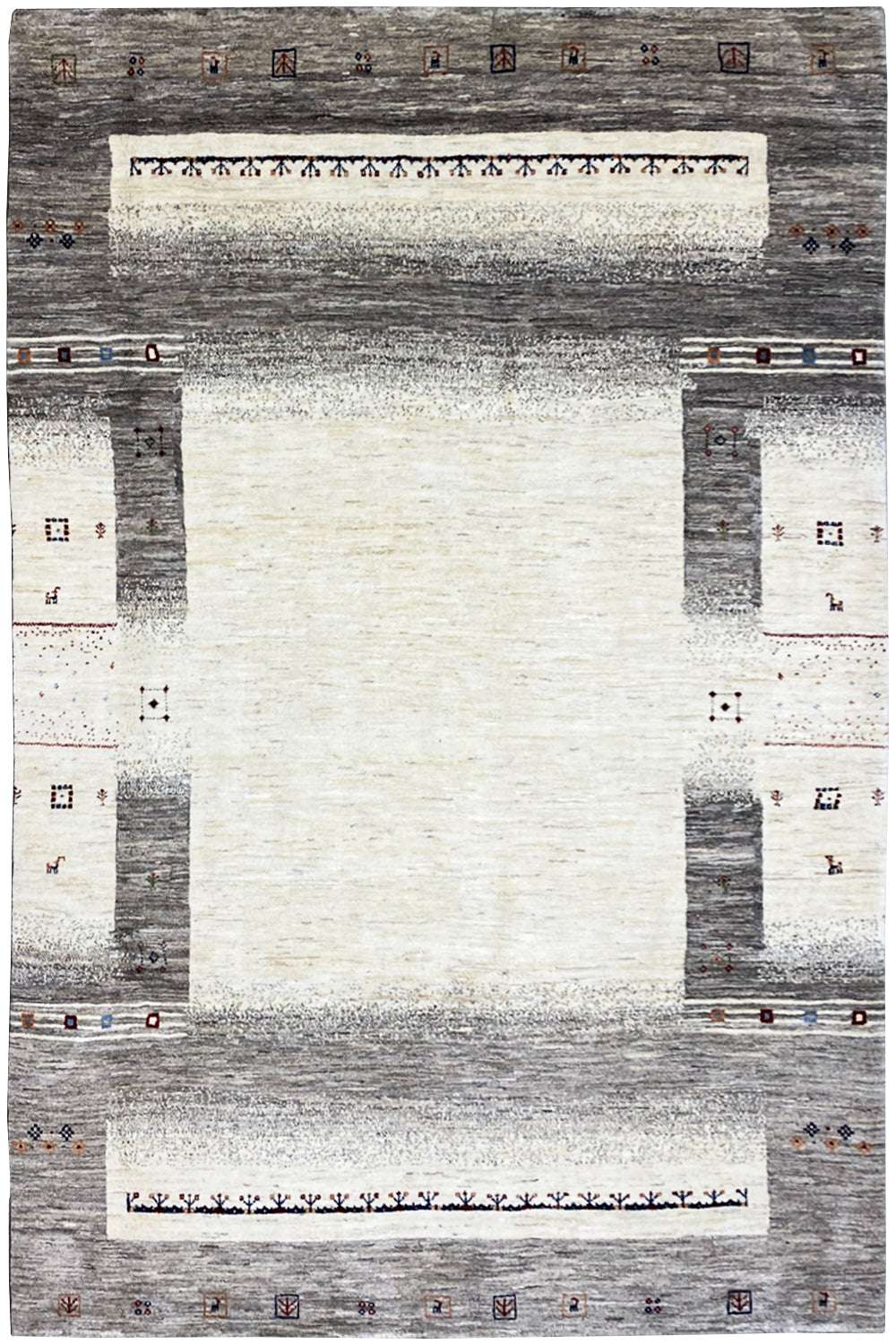 Gabbeh rug with a geometric gray-and-white pattern and rectangular border