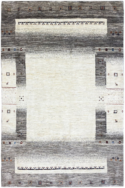 Gabbeh rug with a geometric gray-and-white pattern and rectangular border