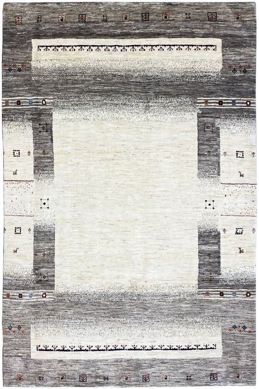 Gabbeh rug with a geometric gray-and-white pattern and rectangular border