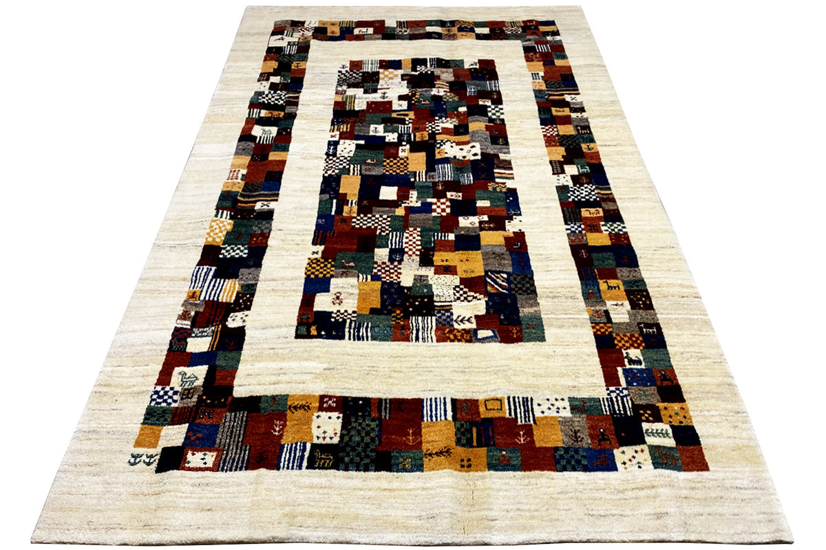 Gabbeh rug 299x200 cm, laid flat: patchwork border with multicolored pattern