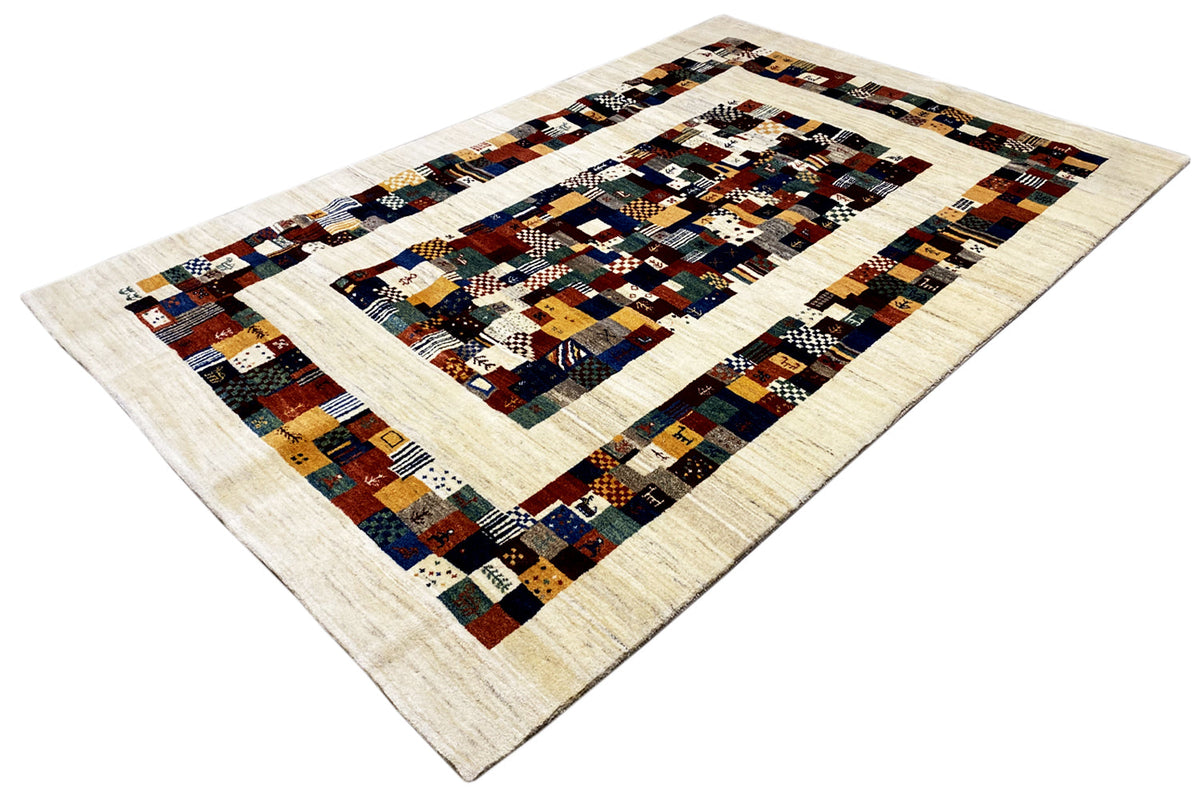 Gabbeh rug 299x200 cm, slightly rotated: colorful decorative band and ornamental field