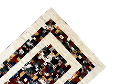 Gabbeh rug 299x200 cm: diagonal corner with white border and patchwork stripes