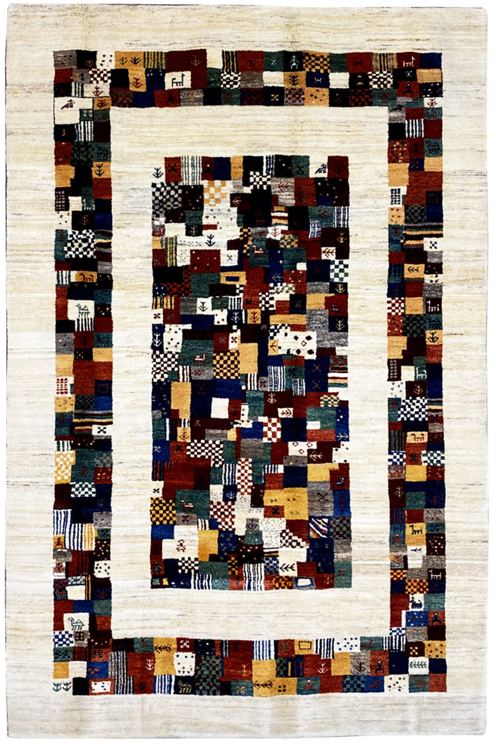 Gabbeh rug 299x200 cm with a geometric patchwork pattern in dark red, blue and cream