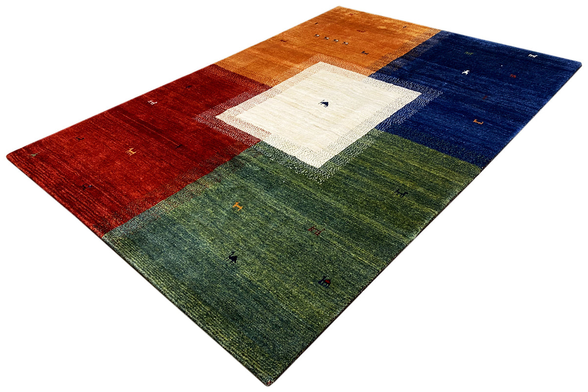 Gabbeh rug with a striped pattern in rust red, green, blue, and a light square