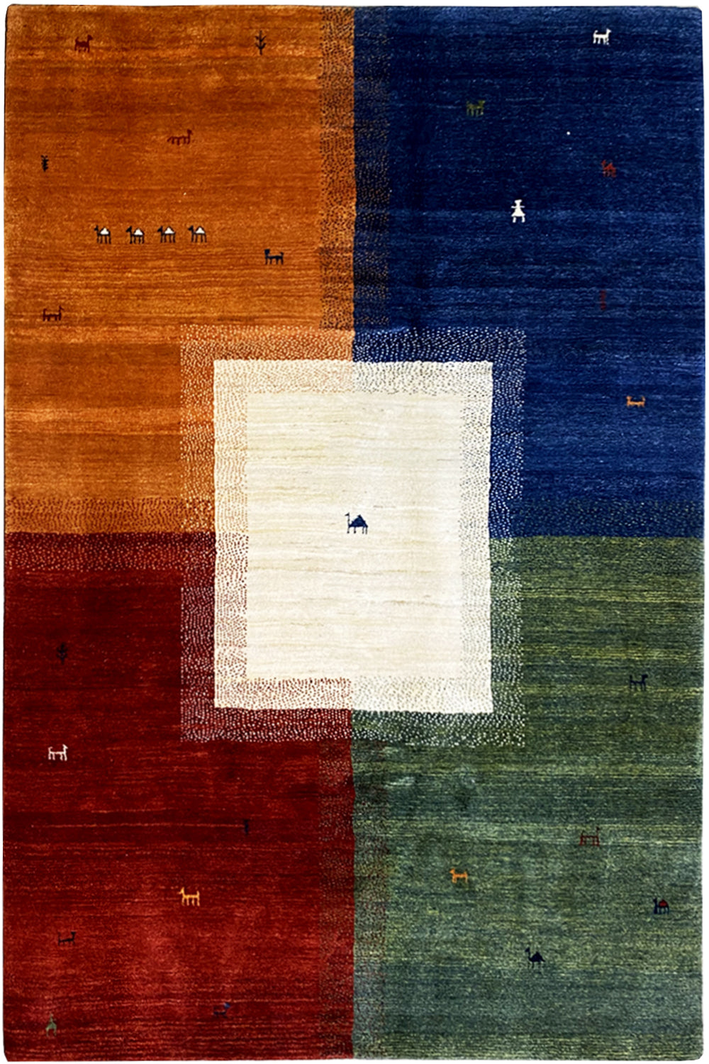 Gabbeh rug with multicolored block stripes and a square cream panel