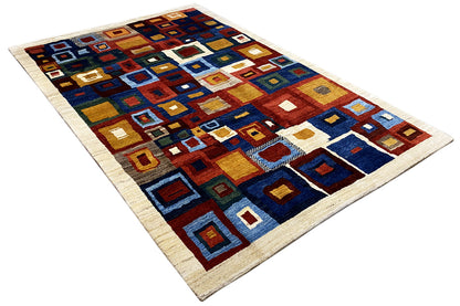Gabbeh rug with a square pattern and multicolored shapes in blue and brown