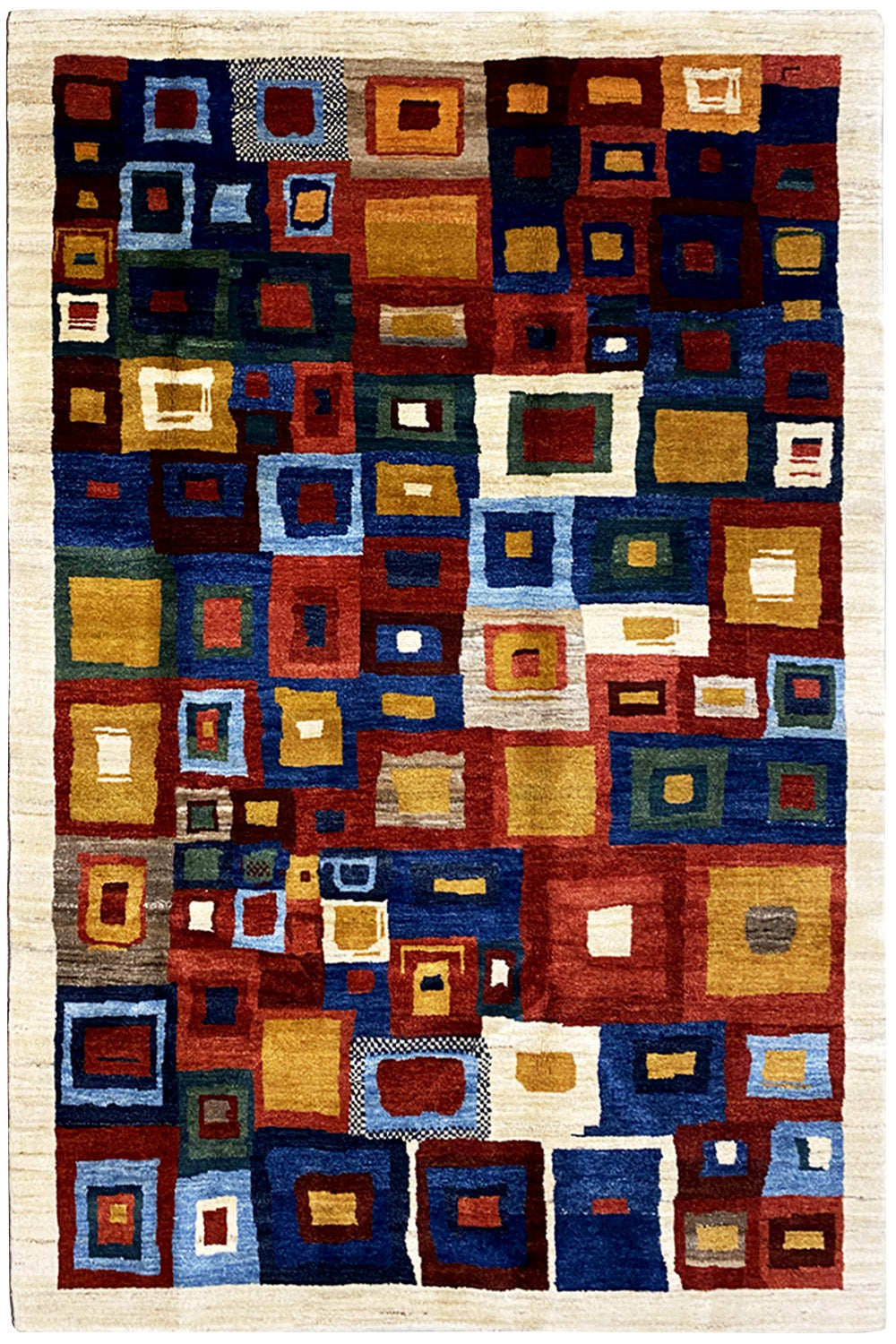 Gabbeh rug with a geometric square pattern in blue, brown, red, and beige