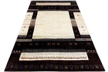 Gabbeh rug (298x196 cm), rectangular, with dark borders and a wide cream field