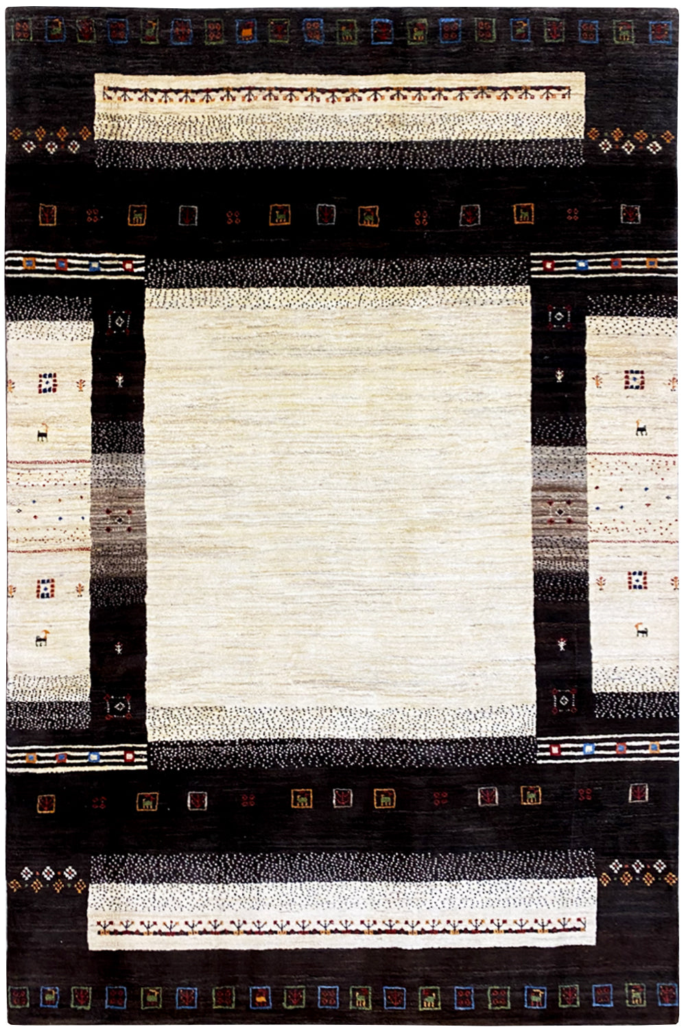 Gabbeh rug (298x196 cm) with a dark border and cream-colored central area