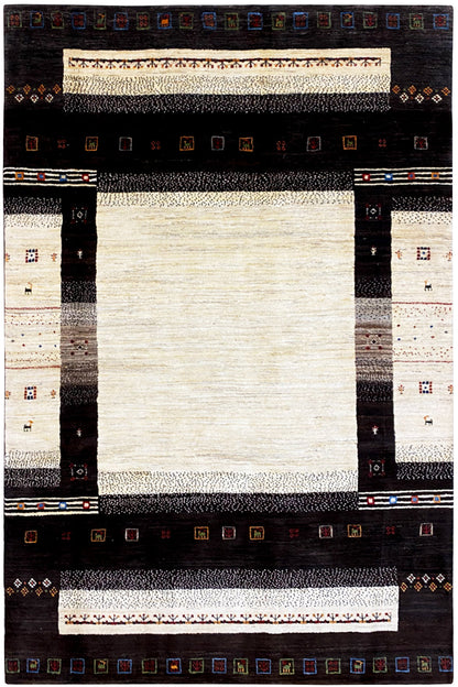 Gabbeh rug (298x196 cm) with a dark border and cream-colored central area