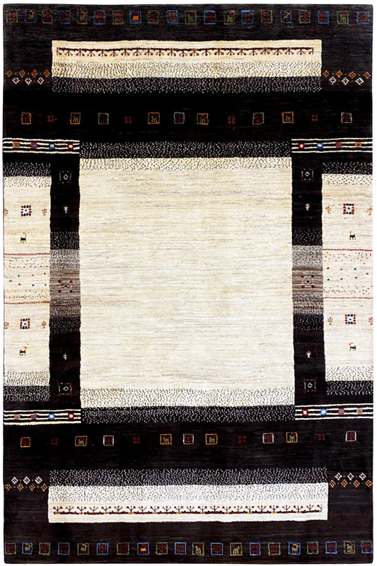 Gabbeh rug (298x196 cm) with a dark border and cream-colored central area
