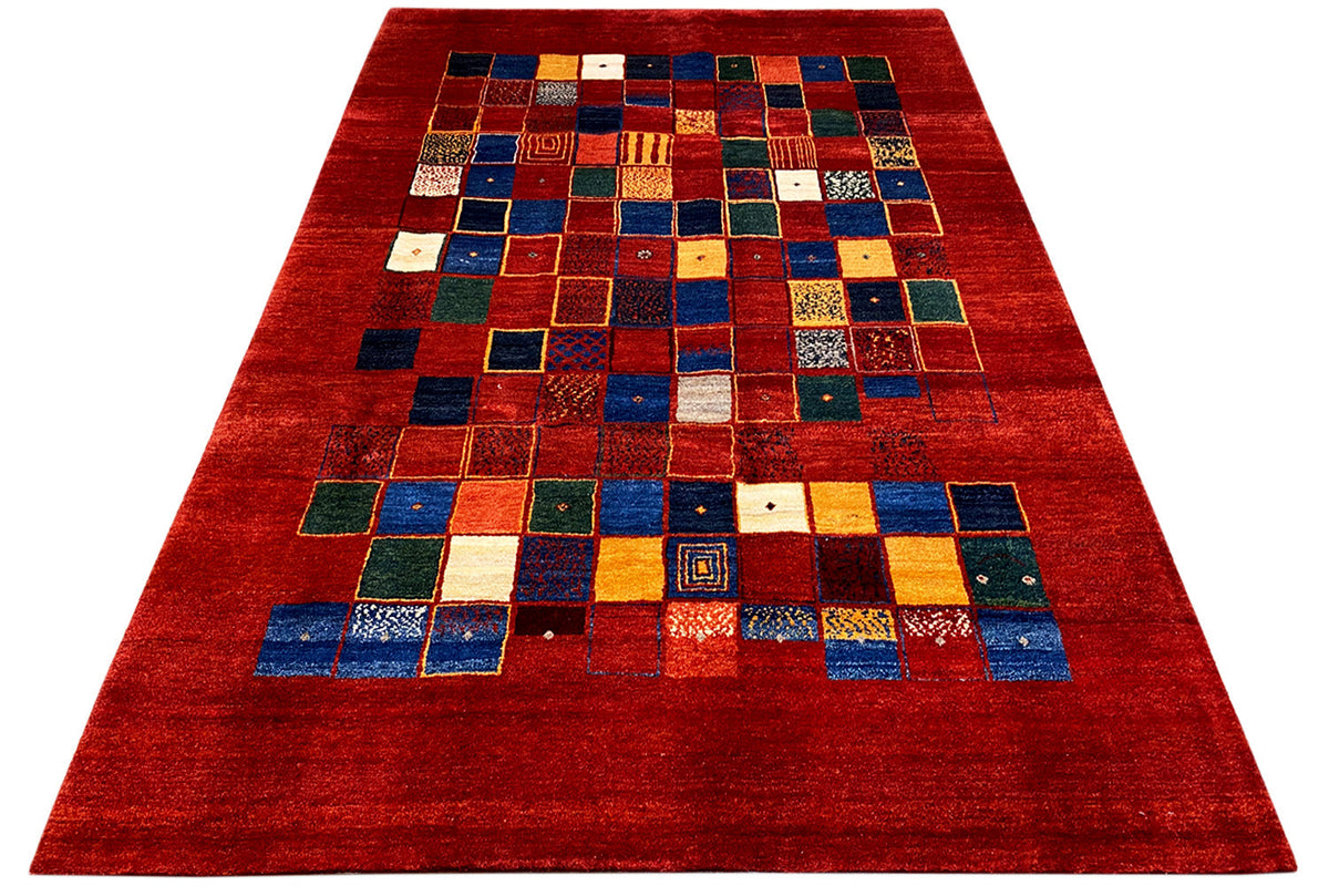 Gabbeh rug 302x202 cm, red patchwork design with geometric pattern