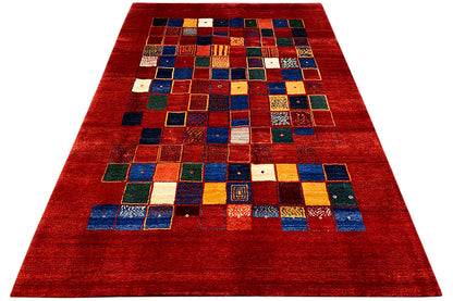 Gabbeh rug 302x202 cm, red patchwork design with geometric pattern