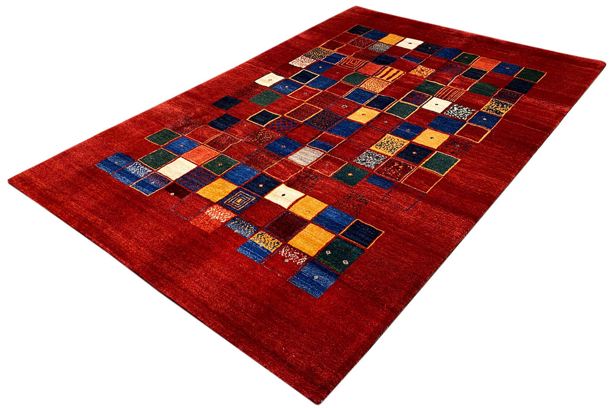 Gabbeh rug 302x202 cm, red square design with colorful tile motifs