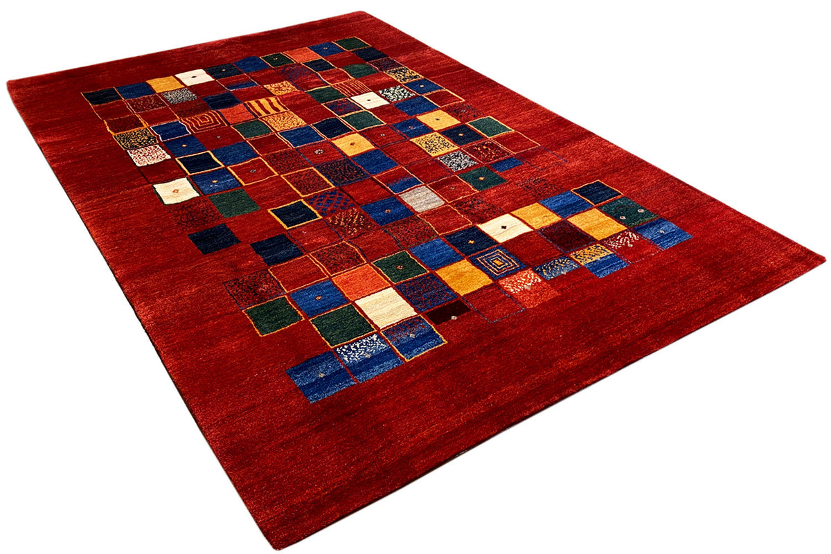 Gabbeh rug 302x202 cm, red patchwork of multicolored squares