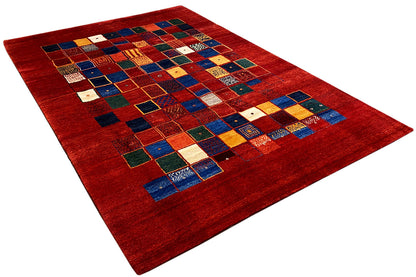 Gabbeh rug 302x202 cm, red patchwork of multicolored squares