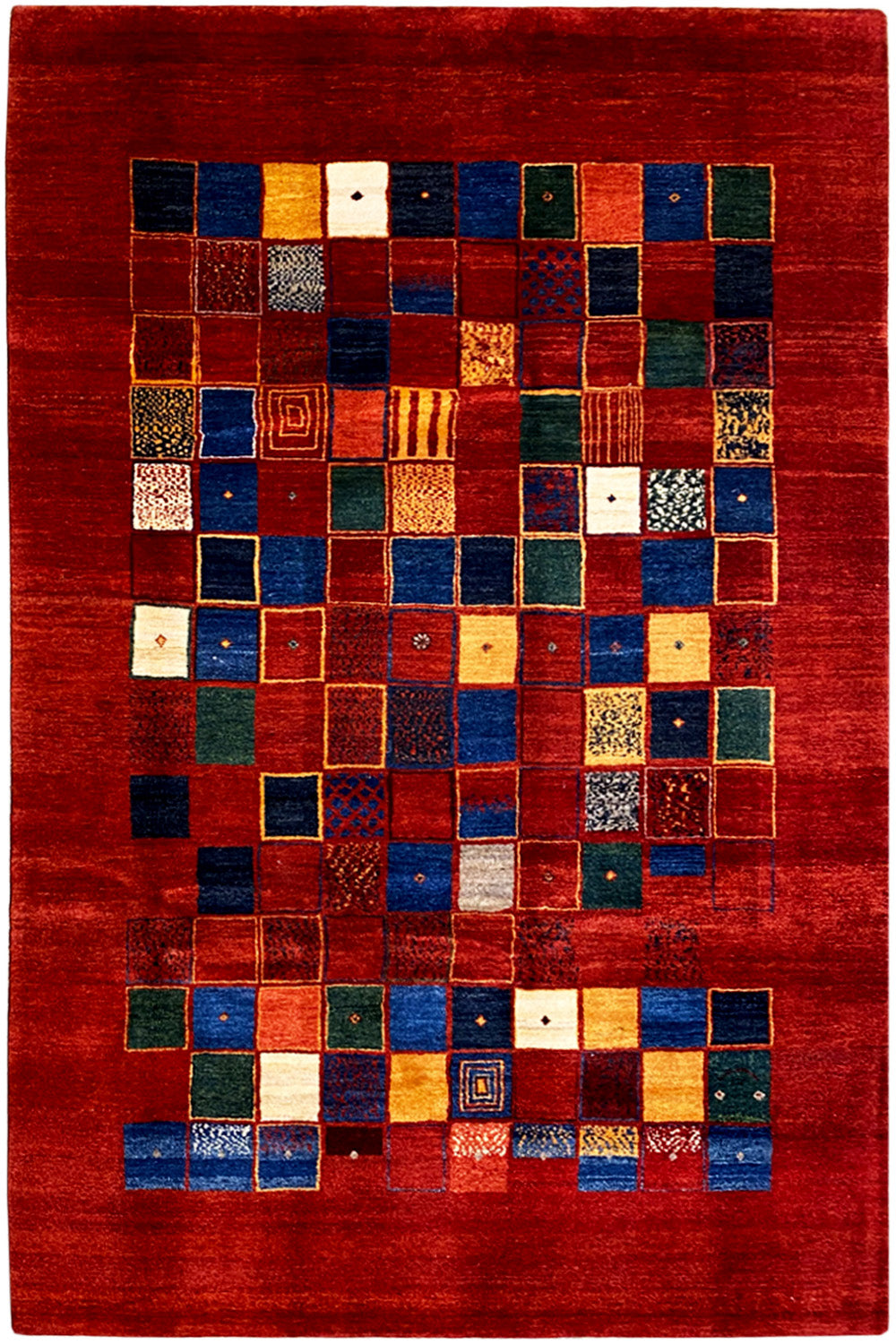Gabbeh rug 302x202 cm with a red patchwork pattern of colorful squares