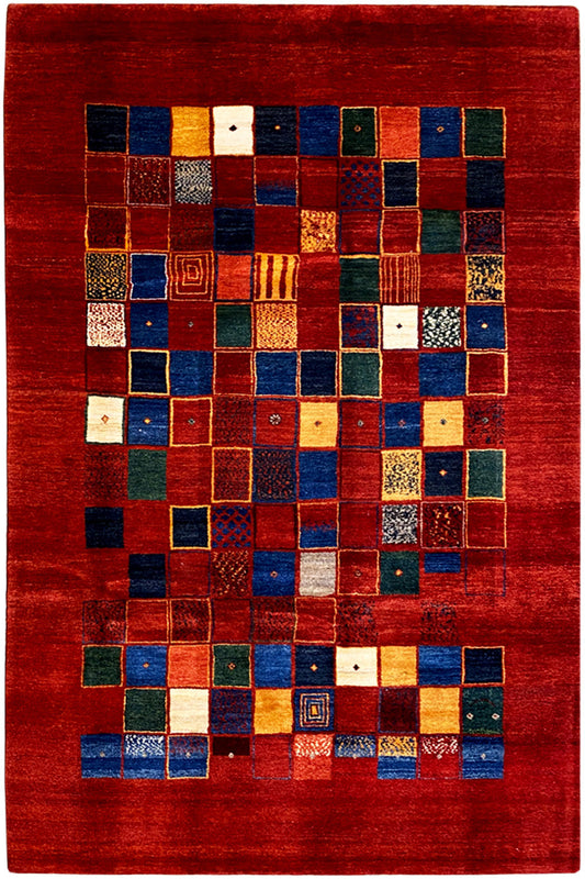 Gabbeh rug 302x202 cm with a red patchwork pattern of colorful squares