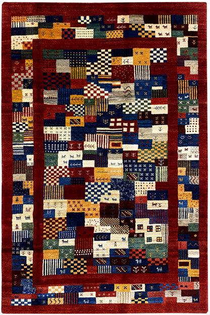 Gabbeh rug with patchwork pattern in red, blue, and beige, rectangular (293x199 cm)