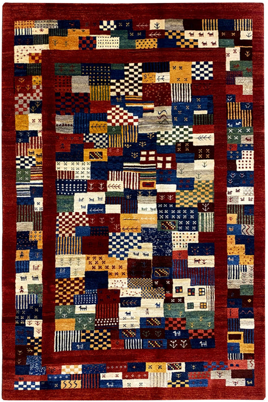 Gabbeh rug with patchwork pattern in red, blue, and beige, rectangular (293x199 cm)