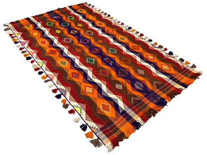 Jajim rug 237x150 cm, diagonal, striped diamonds and zigzags in warm tones