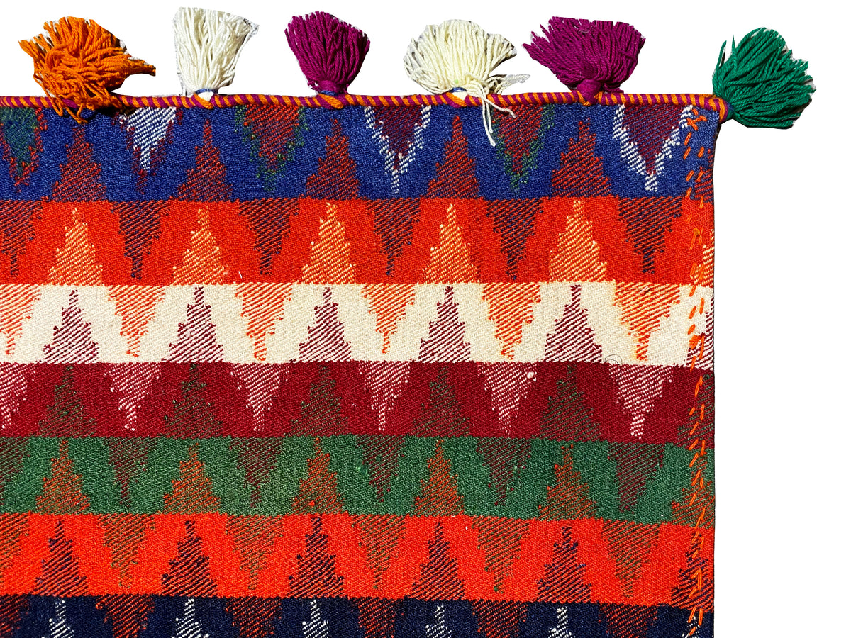 Close-up of tassels on the carpet fringe; multicolored striped patterns in blue, green, and orange