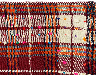 Close-up: carpet fabric with a checkered pattern, colorful dots, and a multicolored border