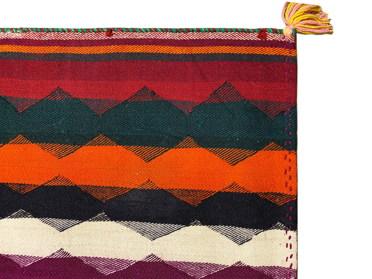 Jajim rug corner with colored stripes and tassels along the edge
