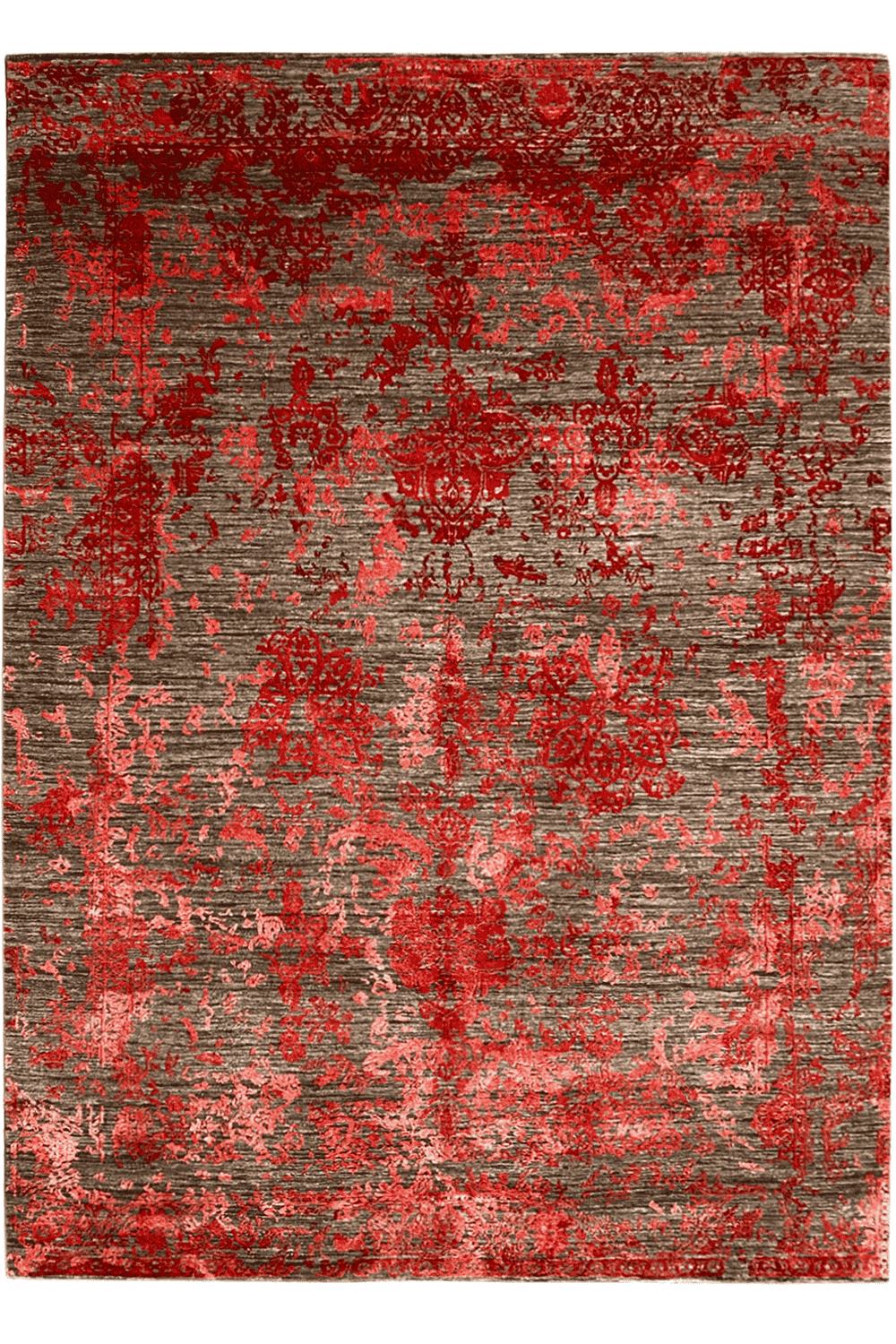 Area rug with a vintage-inspired red and gray pattern, square with a border