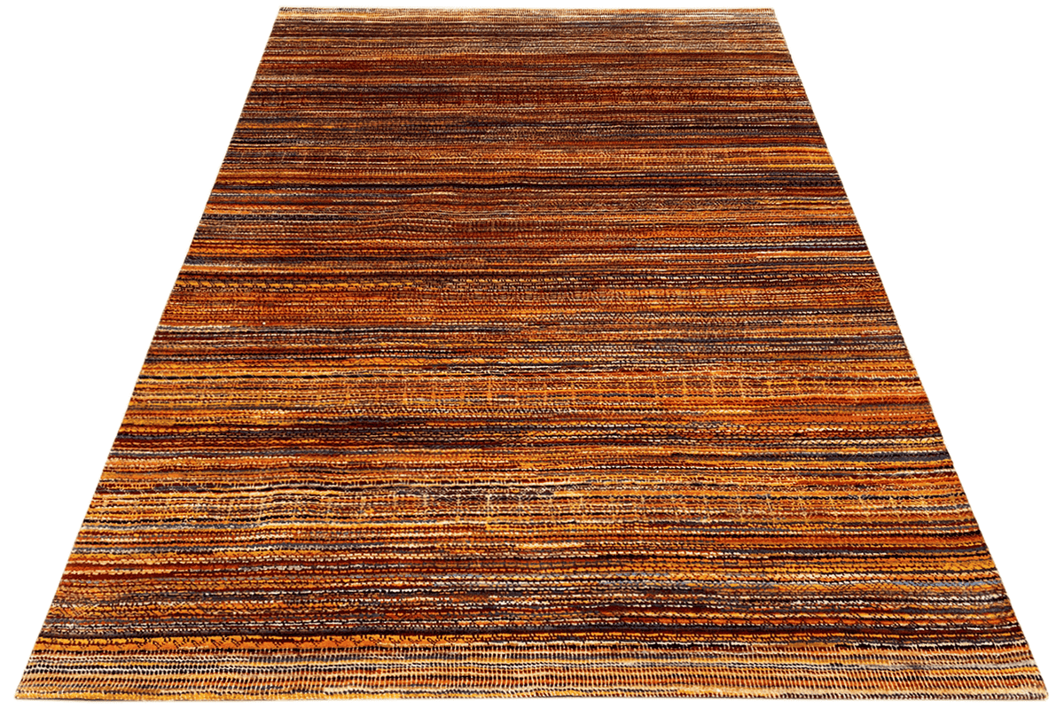 Rug with diagonal stripes, brown and orange with blue accents