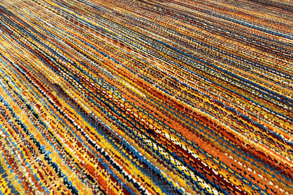 Rug surface with horizontal stripes in blue, orange, and yellow