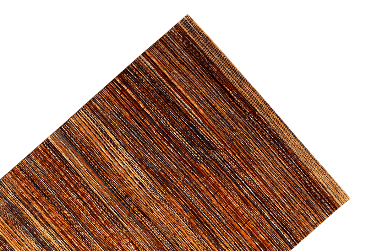 Carpet corner with diagonal-looking stripes in brown, orange, and blue