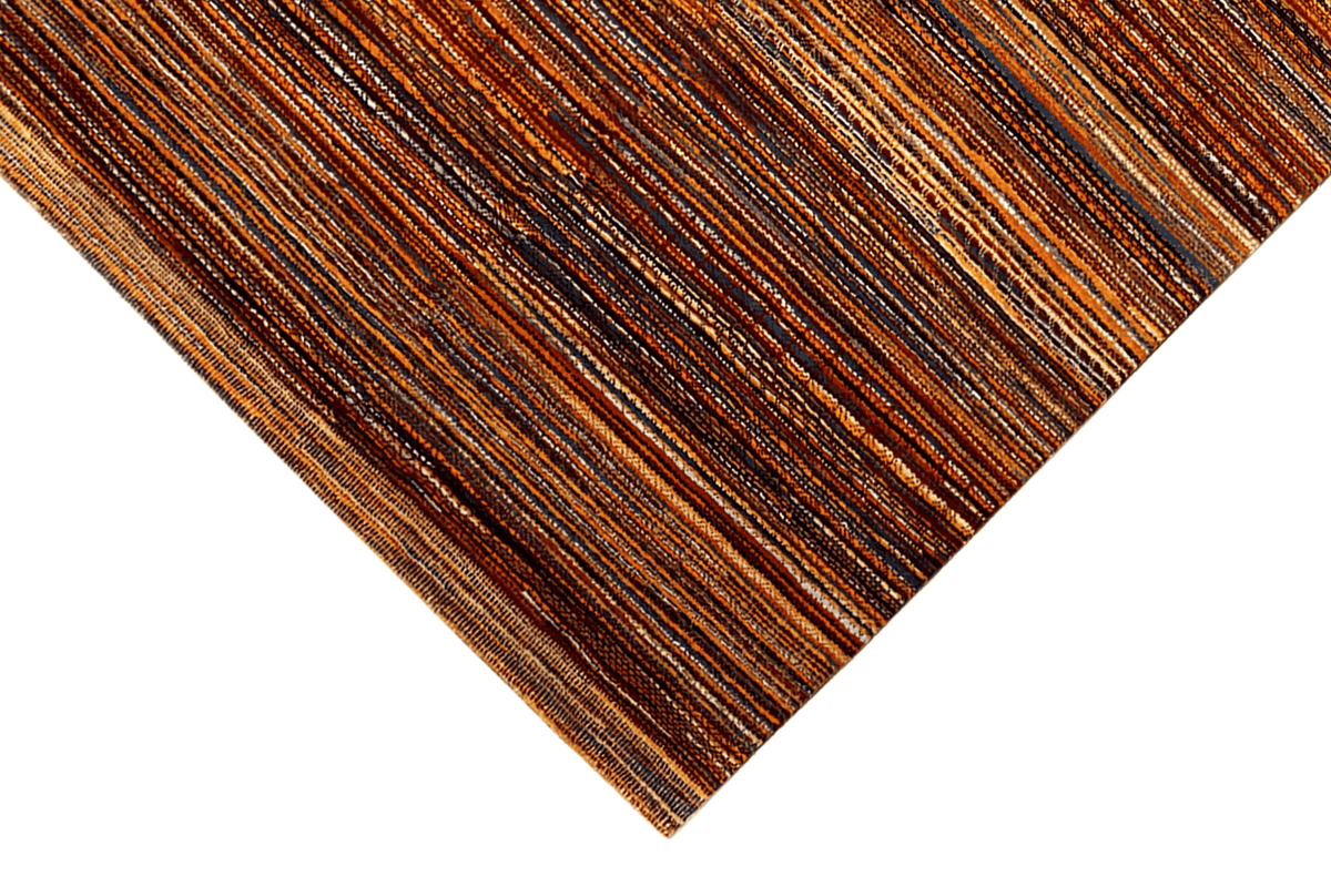 Close-up of the wool rug: narrow multicolored lines, dense pile