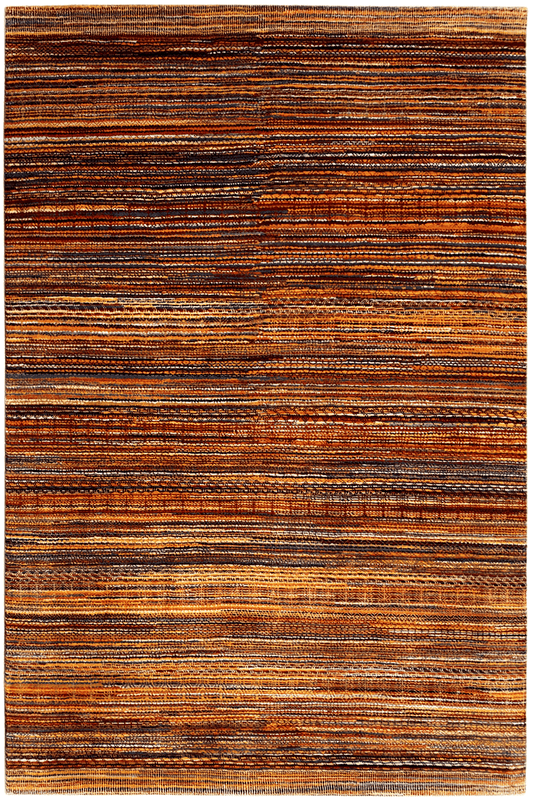 Hand-knotted wool rug with multicolored horizontal stripes, rectangular